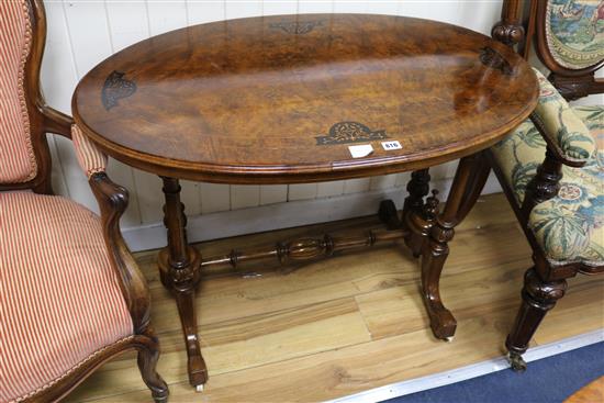 A Victorian inlaid walnut oval topped occasional table, W.97cm